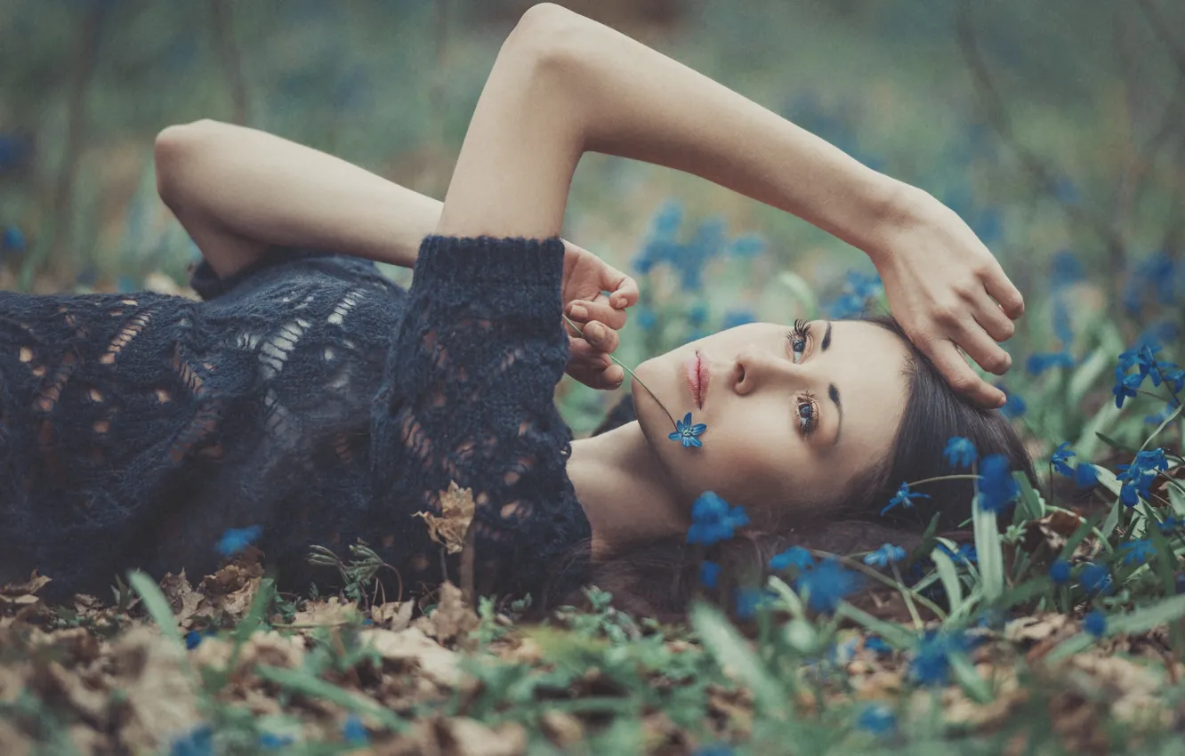 Photo wallpaper look, girl, flowers, photographer, lying, Julia Sariy