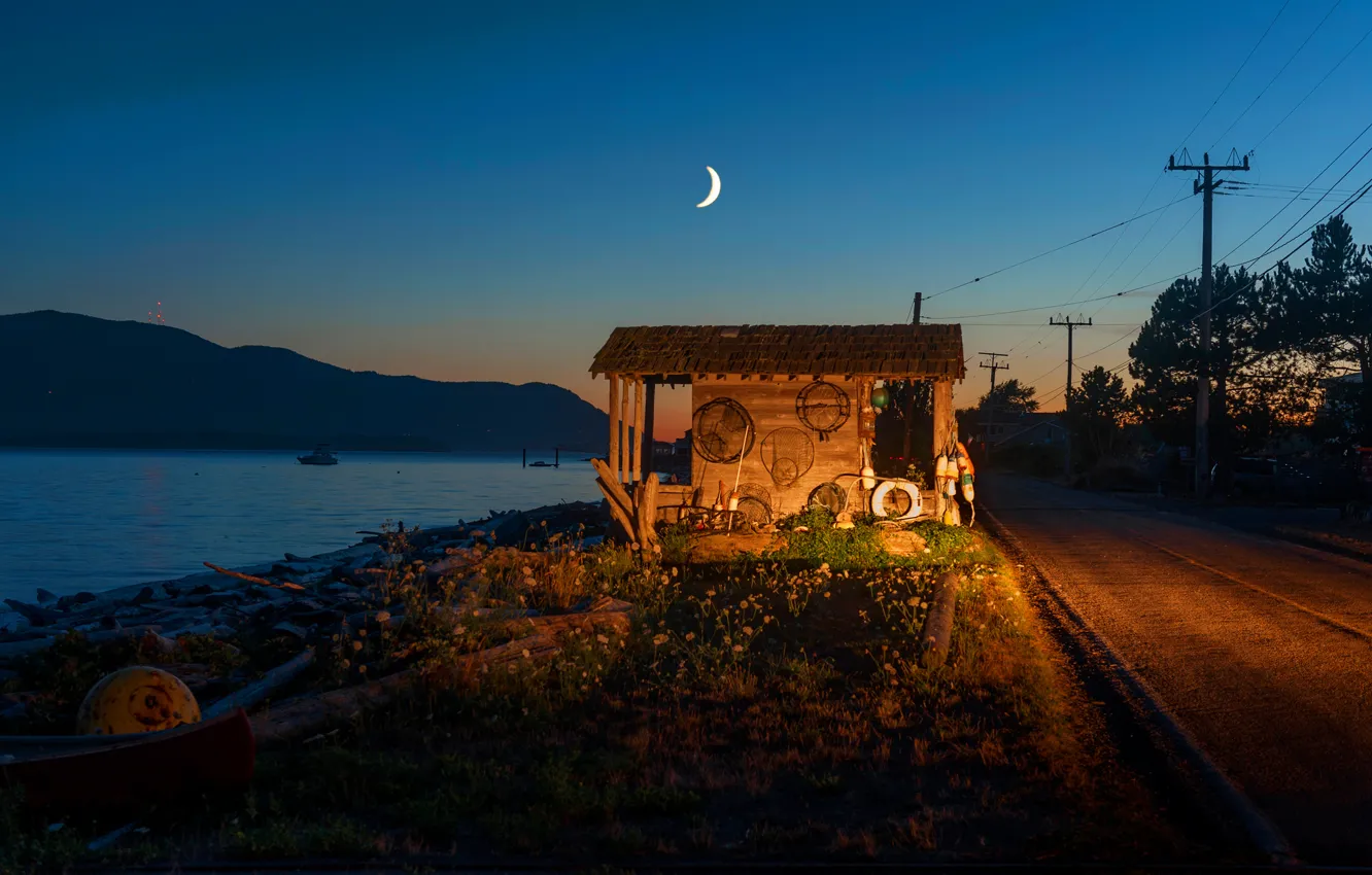 Photo wallpaper moon, sunset, night, dusk, fishing, shack, waterfront, Lummi Island