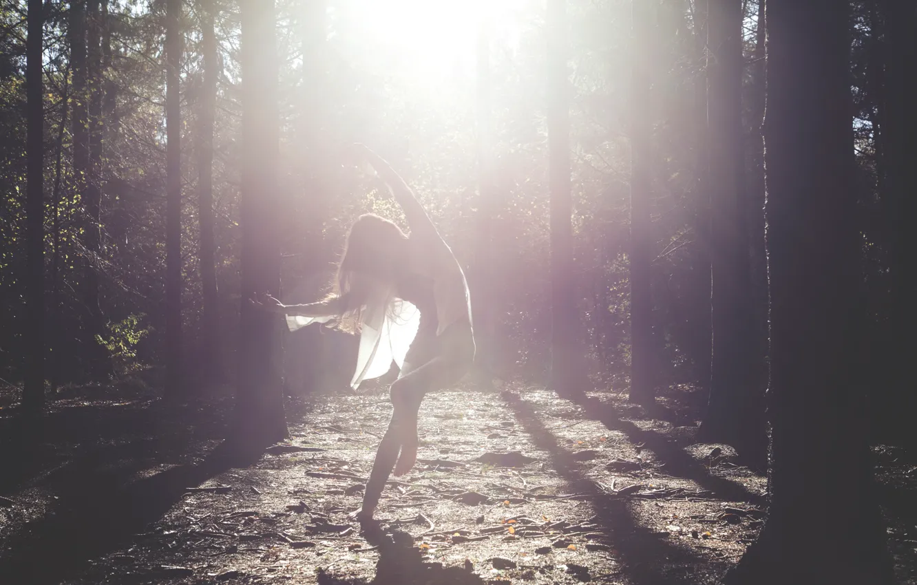 Photo wallpaper forest, girl, rays, dance
