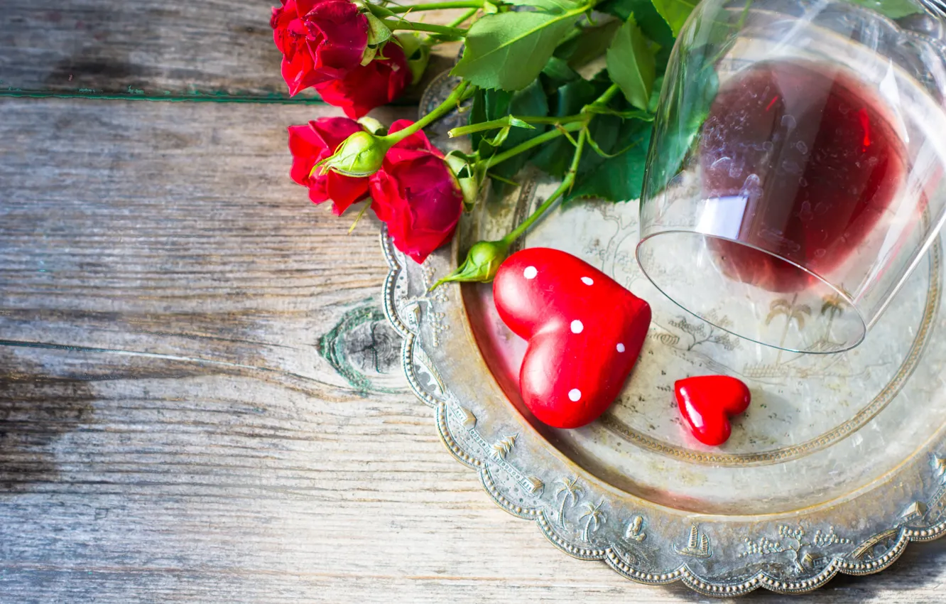 Photo wallpaper flowers, holiday, wine, heart, glass, roses, tray, dish