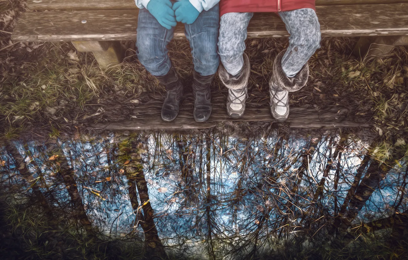 Photo wallpaper reflection, treatment, puddle, bench