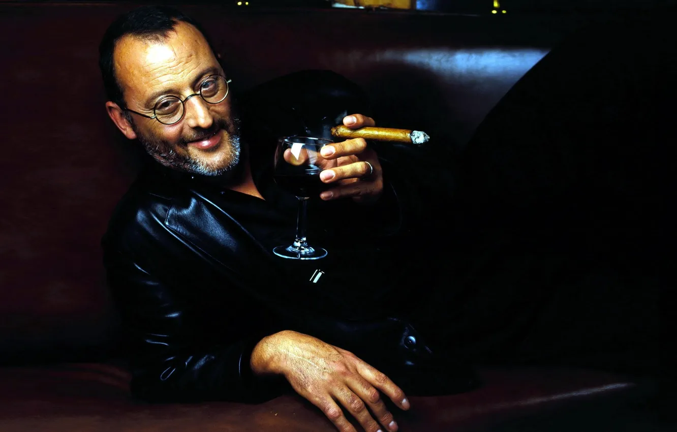 Photo wallpaper face, glasses, cigar, male, actor, bristles, Jean Reno, a glass of wine
