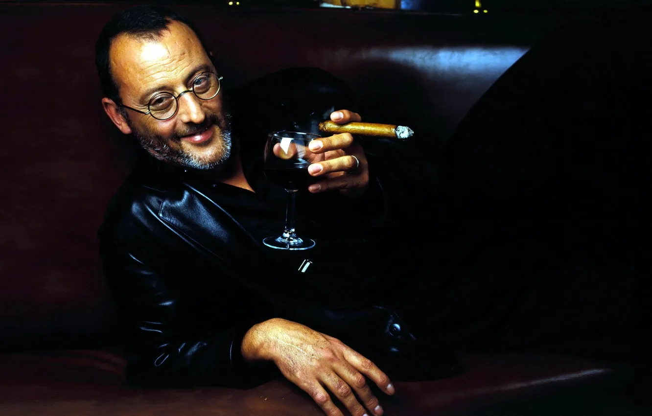 Photo wallpaper face, glasses, actor, cigar, male, bristles, Jean Reno, a glass of wine