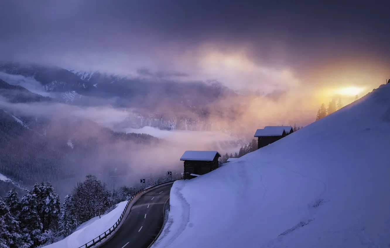 Photo wallpaper winter, road, sunset, mountains