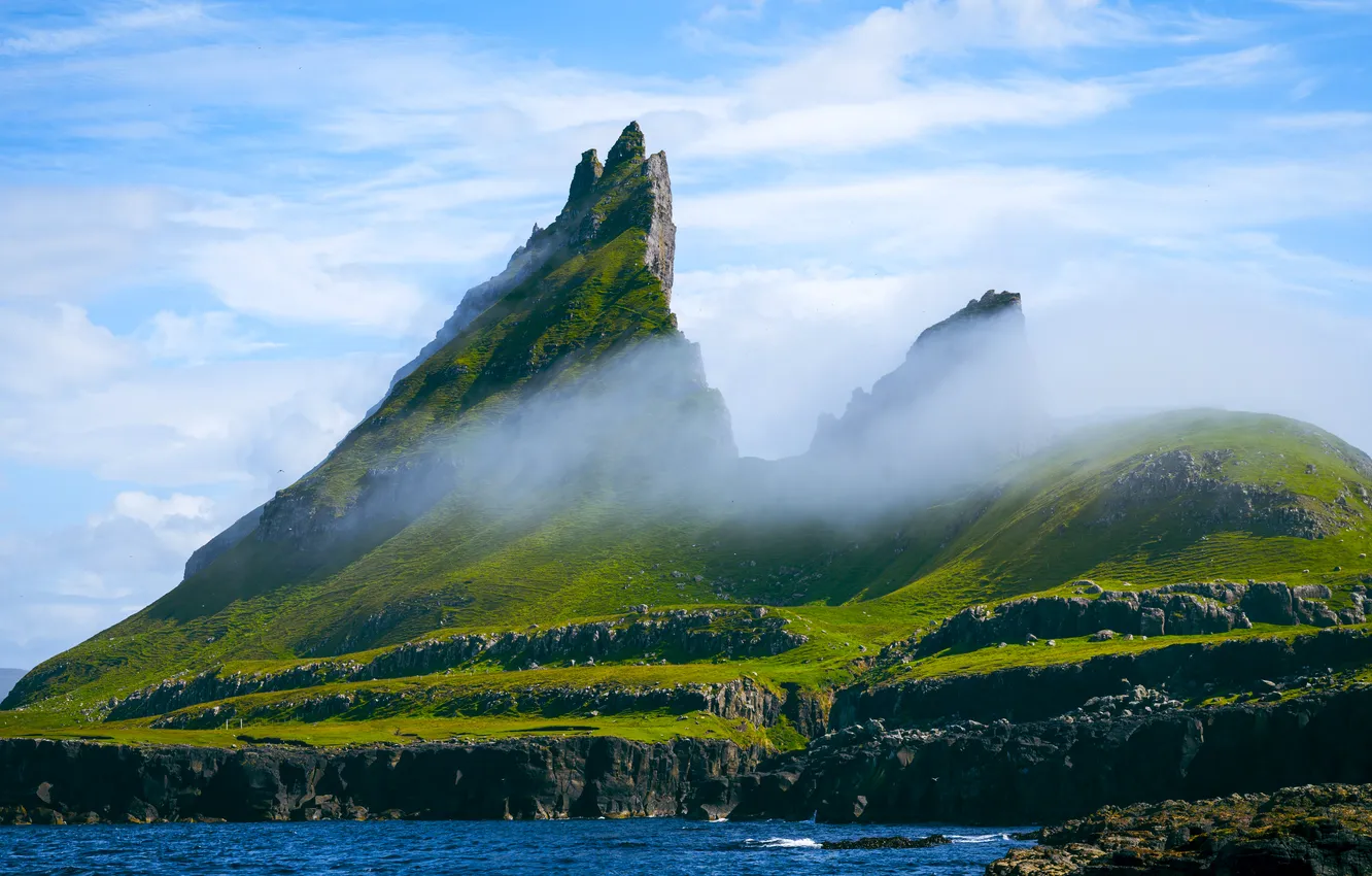 Photo wallpaper grass, sky, sea, landscape, nature, water, clouds, rocks