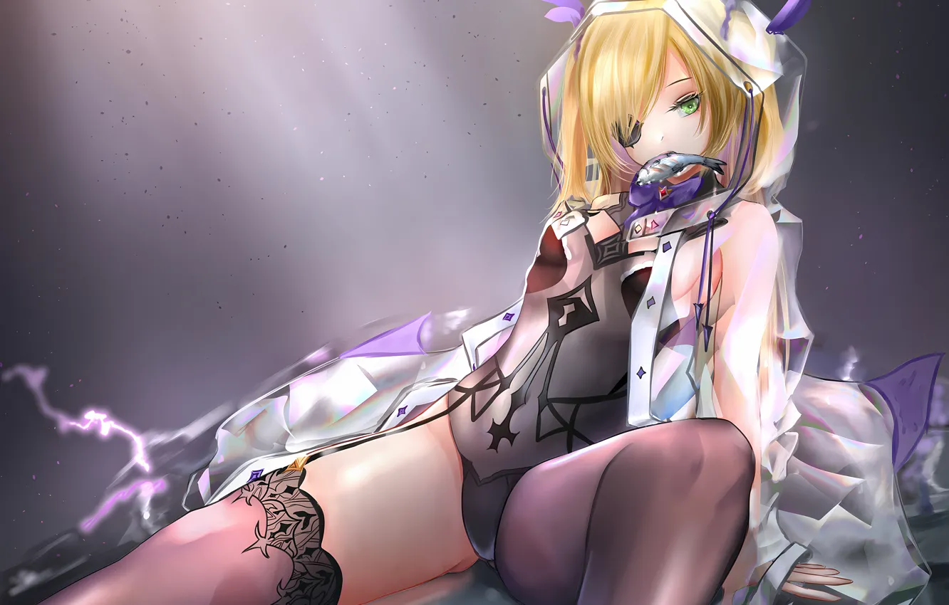 Photo wallpaper girl, sexy, thighhighs, bodysuit, green eyes, legs, anime, stockings