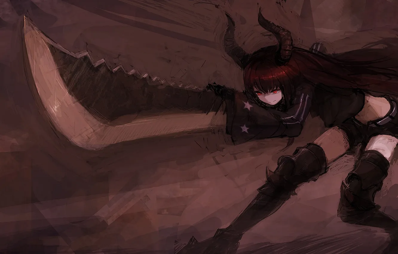 Photo wallpaper girl, weapons, horns, black rock shooter, black gold saw