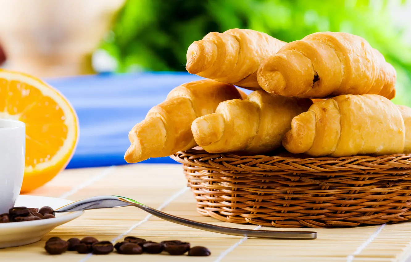 Photo wallpaper basket, coffee, orange, spoon, cakes