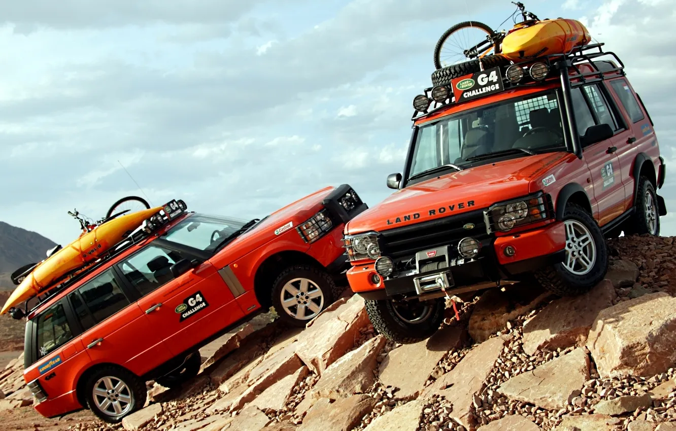 Photo wallpaper the sky, orange, stones, jeep, SUV, Land Rover, Range Rover, Discovery