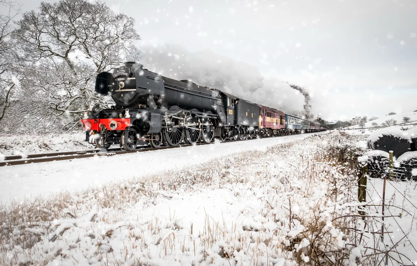 Photo wallpaper winter, road, snow, train