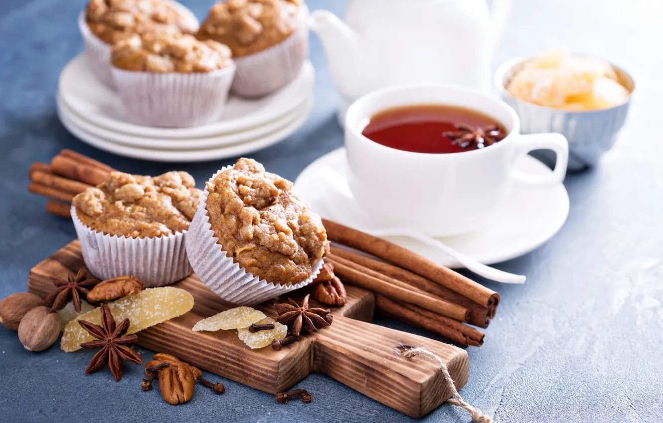 Photo wallpaper tea, cinnamon, star anise, candied, muffin