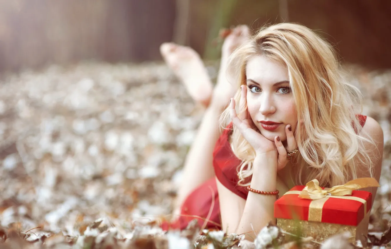 Photo wallpaper look, girl, mood, holiday, gift, hands, blonde, bokeh