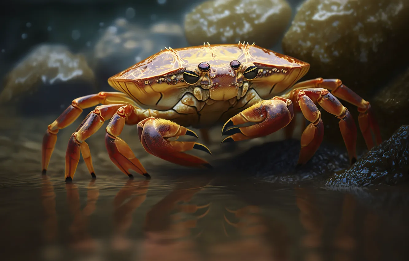 Photo wallpaper look, shore, crab, sea, claws, AI art, neural network