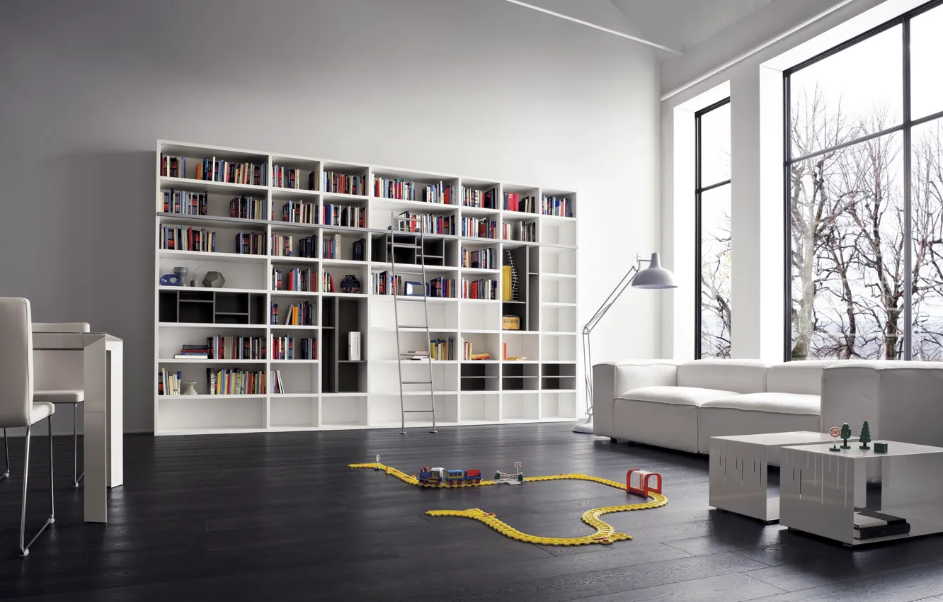 Photo wallpaper white, design, sofa, interior, library, white, design, modern
