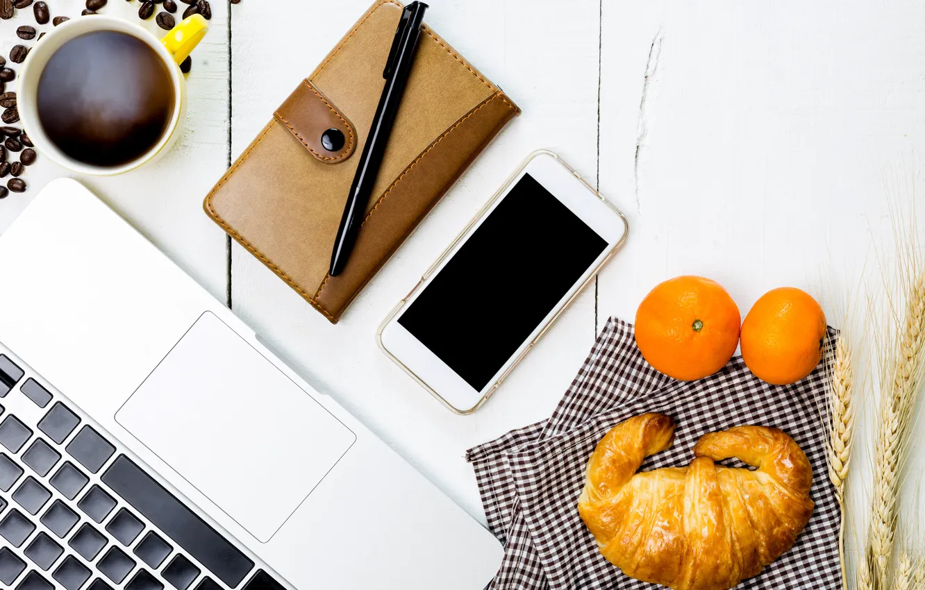 Photo wallpaper coffee, phone, citrus, croissant