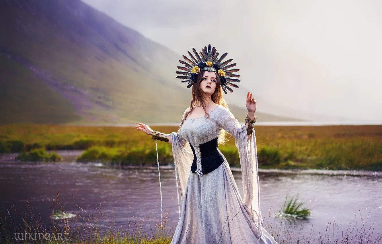 Photo wallpaper look, girl, nature, pose, makeup, dress, fantasy, outfit