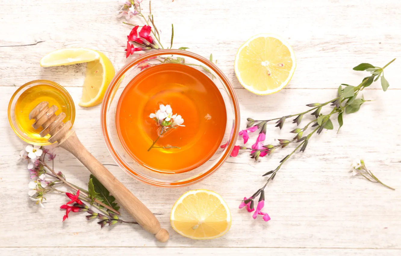 Photo wallpaper flowers, lemon, honey, wood