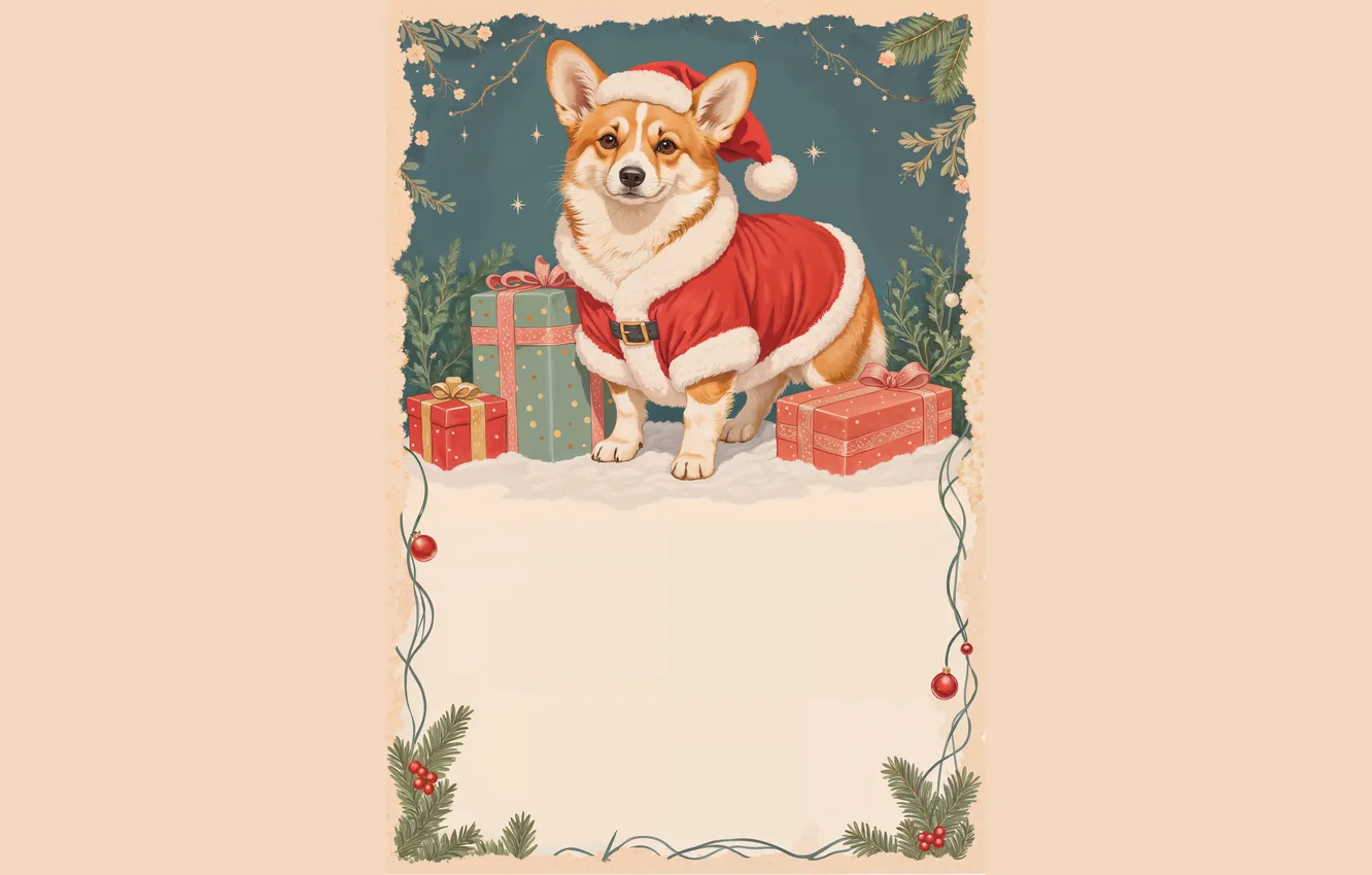 Photo wallpaper winter, look, snow, gift, new year, dog, frame, Christmas