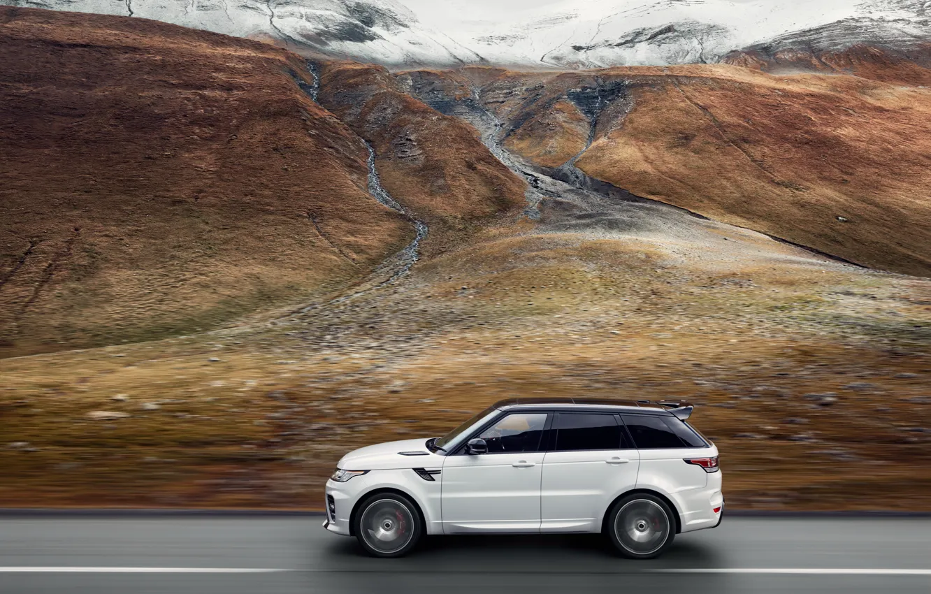 Photo wallpaper mountains, movement, speed, track, valley, Range Rover, the view from the top, Sport