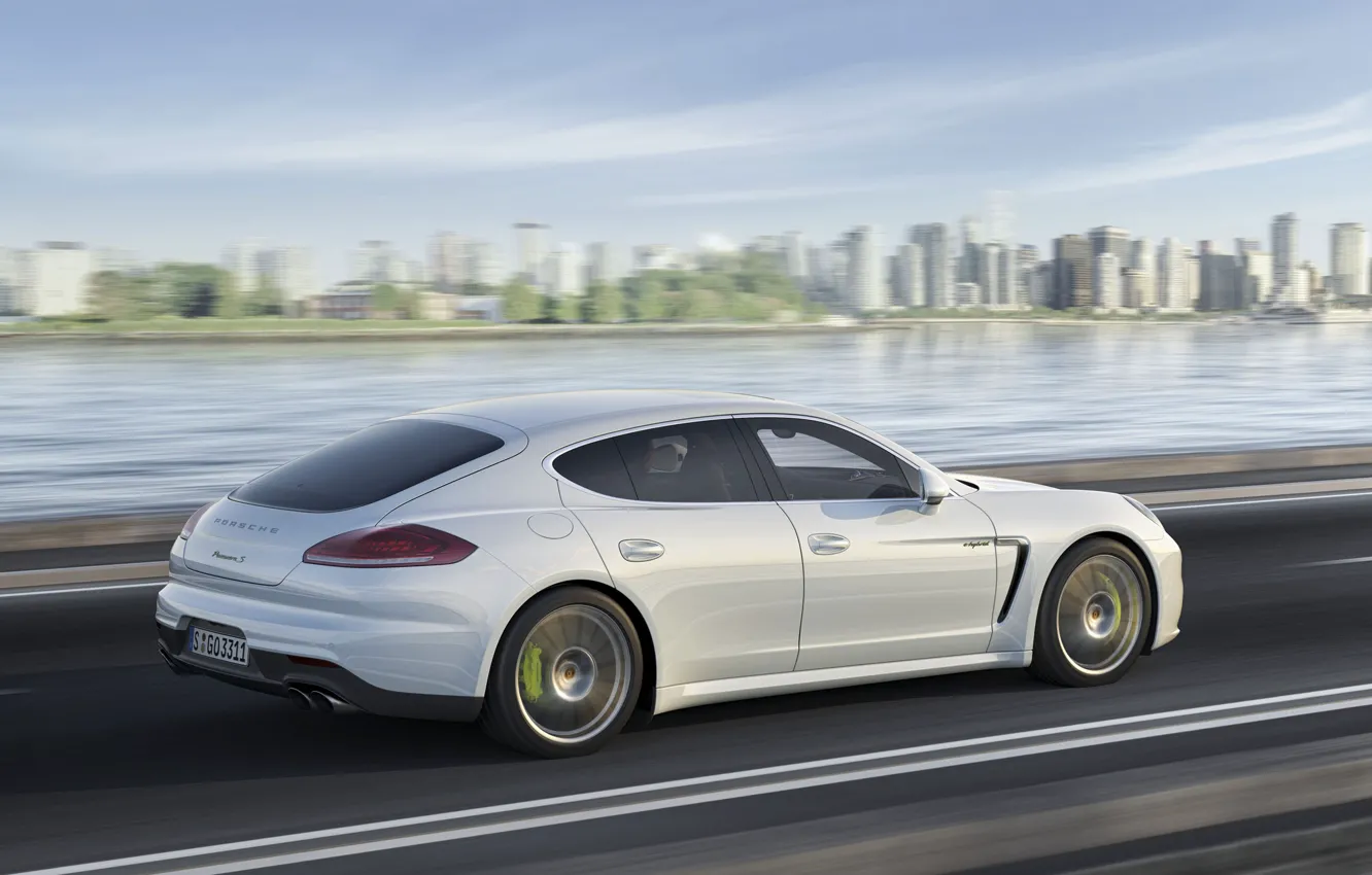 Photo wallpaper Auto, The city, White, Porsche, Panamera, Day, Side view, E-Hybrid