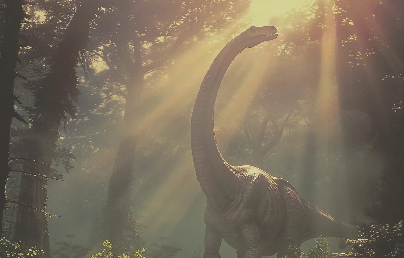 Photo wallpaper the sun, trees, animal, dinosaur, digital art, Ancient animals, Extinct animals, Prehistoric