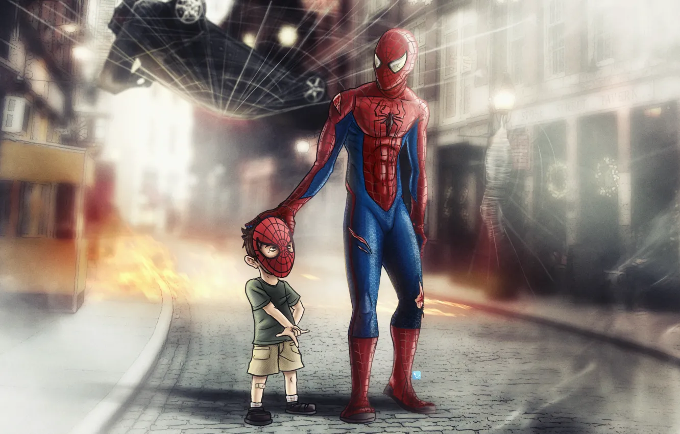 Photo wallpaper spider-man, spider-man, child, web, mask, superhero