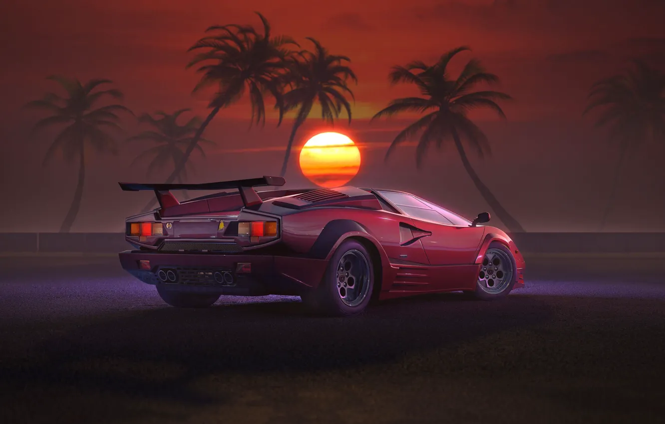 Photo wallpaper Sunset, The sun, Auto, Music, Lamborghini, Machine, Style, 80s