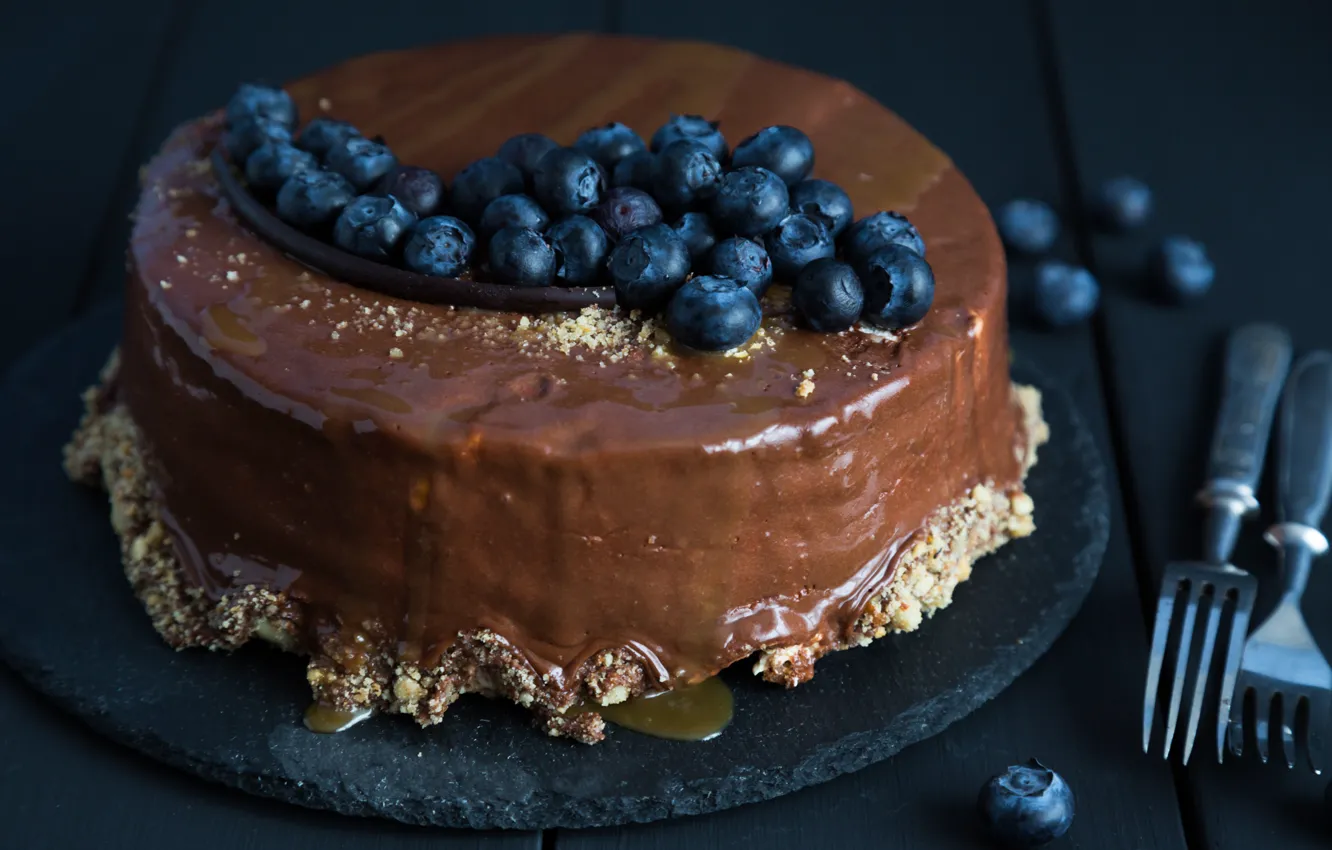 Photo wallpaper chocolate, blueberries, cake, decoration, cream, sweet