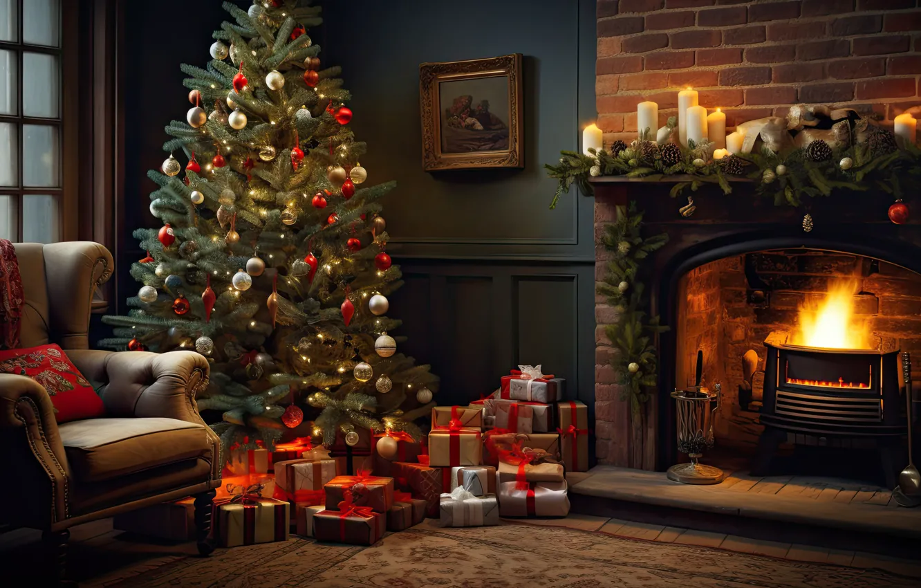Photo wallpaper decoration, room, balls, tree, interior, chair, New Year, Christmas