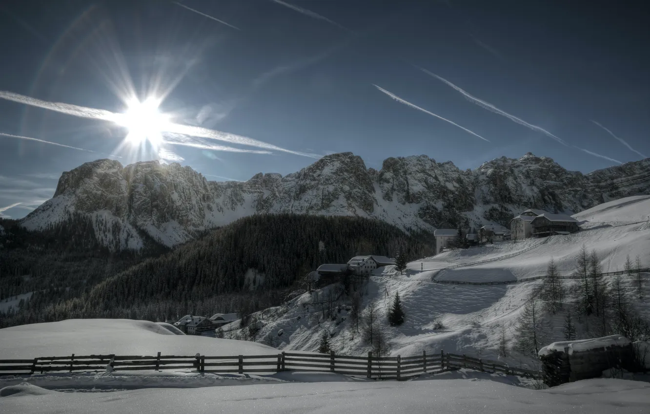 Photo wallpaper winter, forest, the sky, the sun, rays, light, snow, mountains