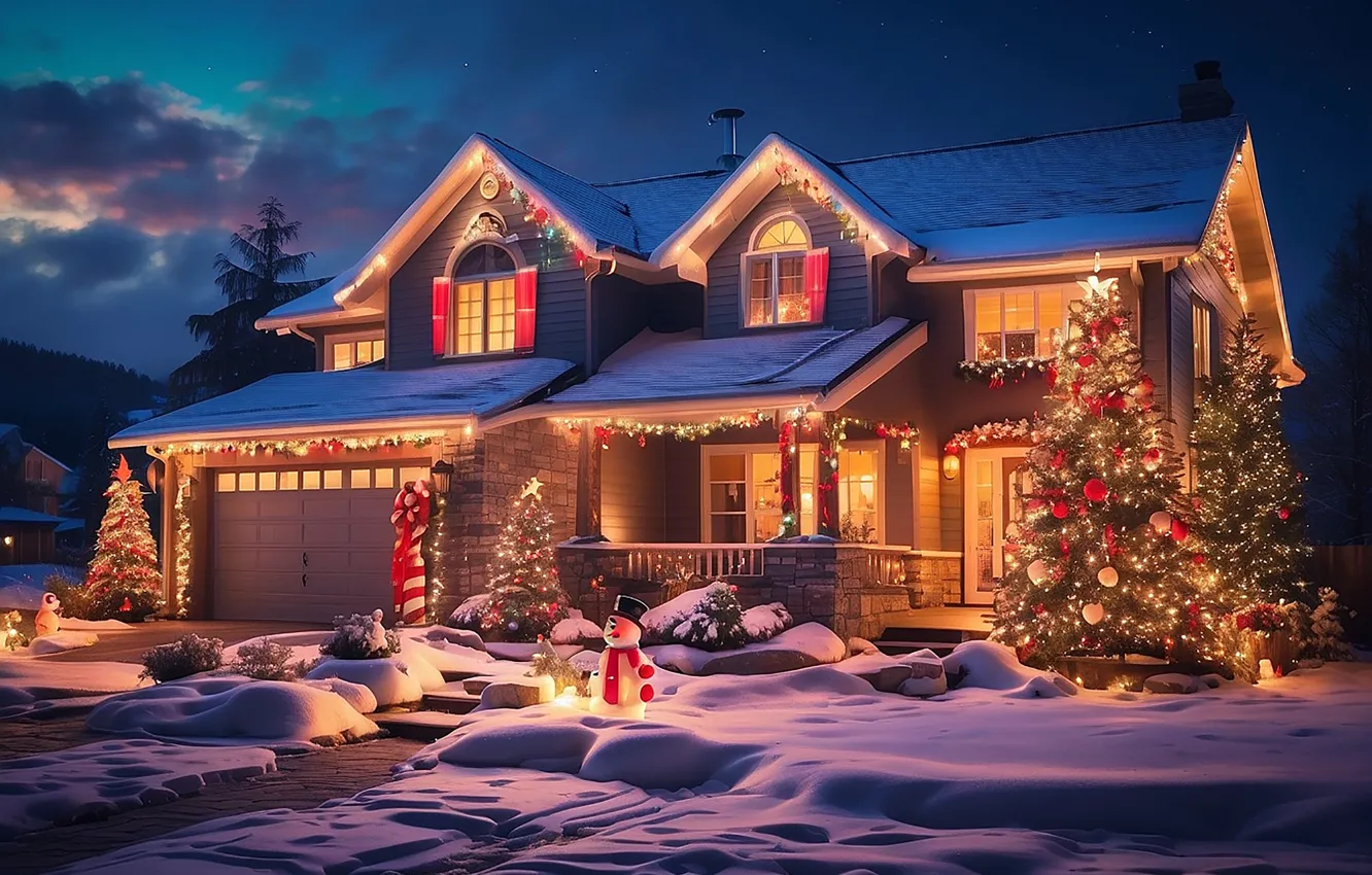 Wallpaper winter, snow, decoration, night, lights, house, tree ...