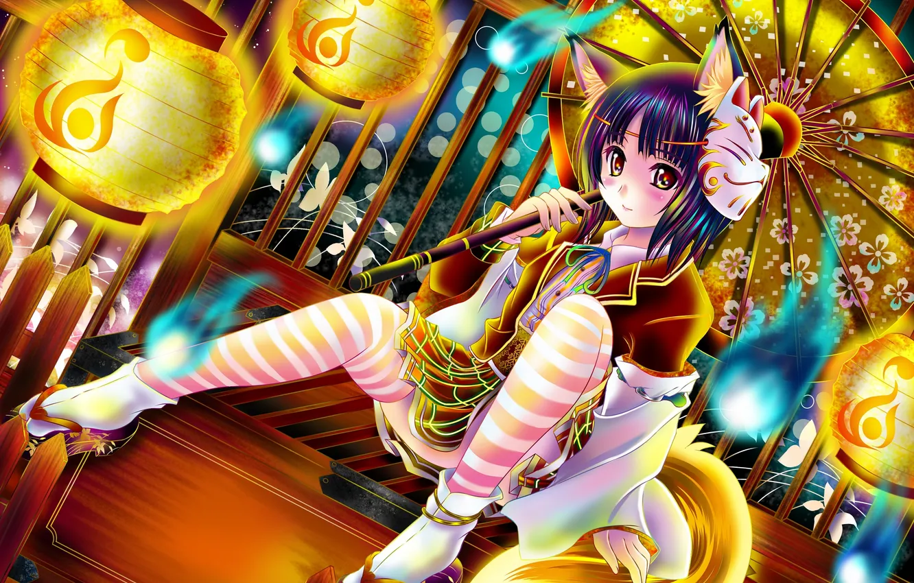 Photo wallpaper look, girl, smile, magic, umbrella, lights, neko, art