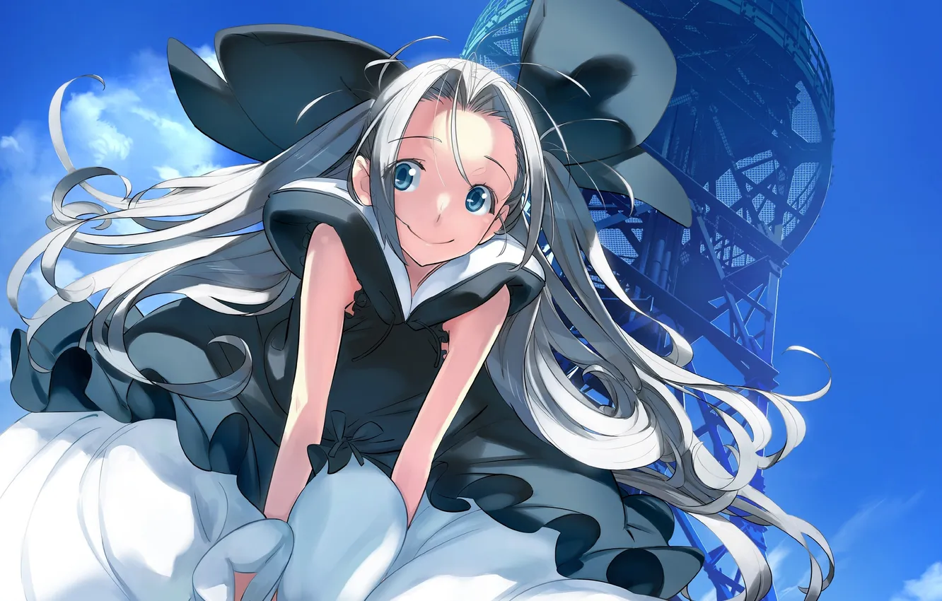 Photo wallpaper the sky, girl, clouds, tower, anime, art, bow, robotics;notes