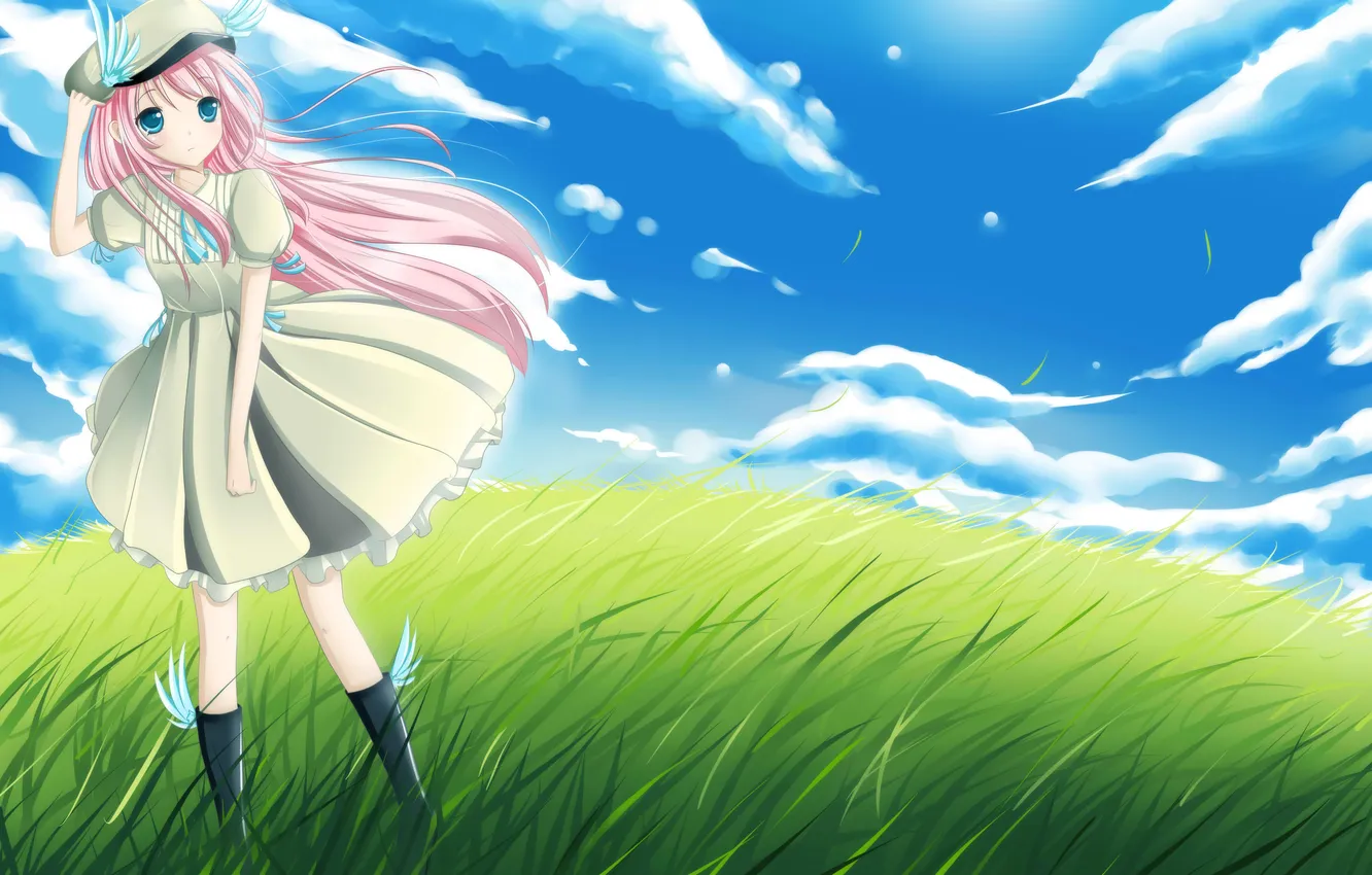 Photo wallpaper grass, girl, clouds, the wind, fresh pretty cure!, Higashi Setsuna