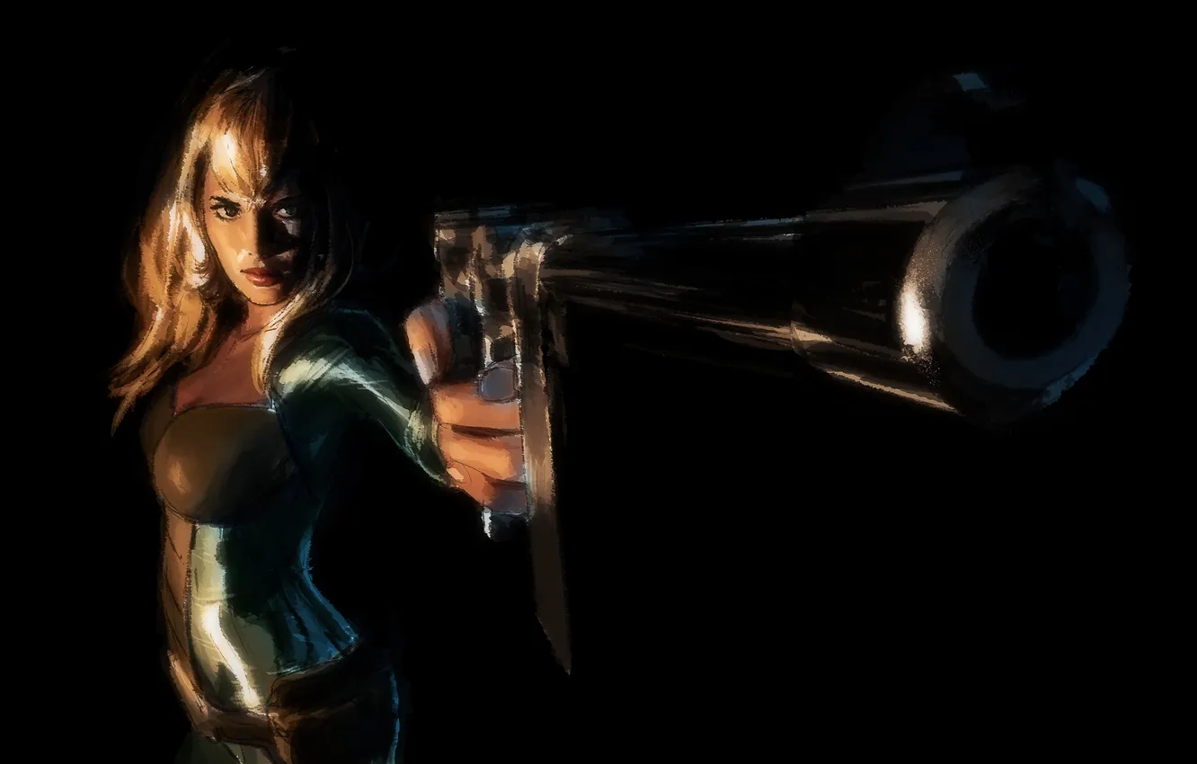 Photo wallpaper look, girl, weapons, art, blonde, black background, Cobra, Jane