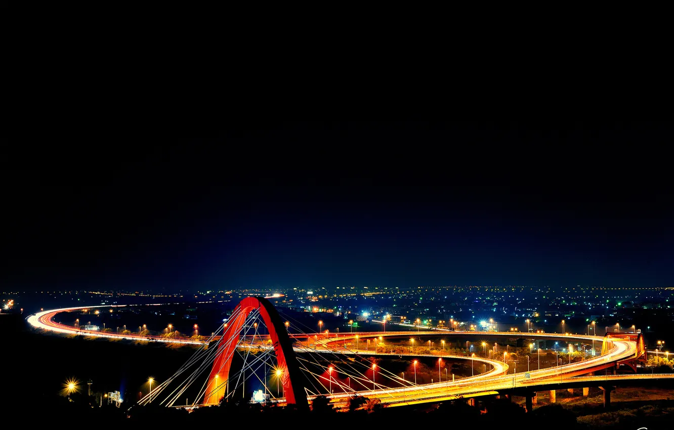 Photo wallpaper road, night, bridge, the city, lights
