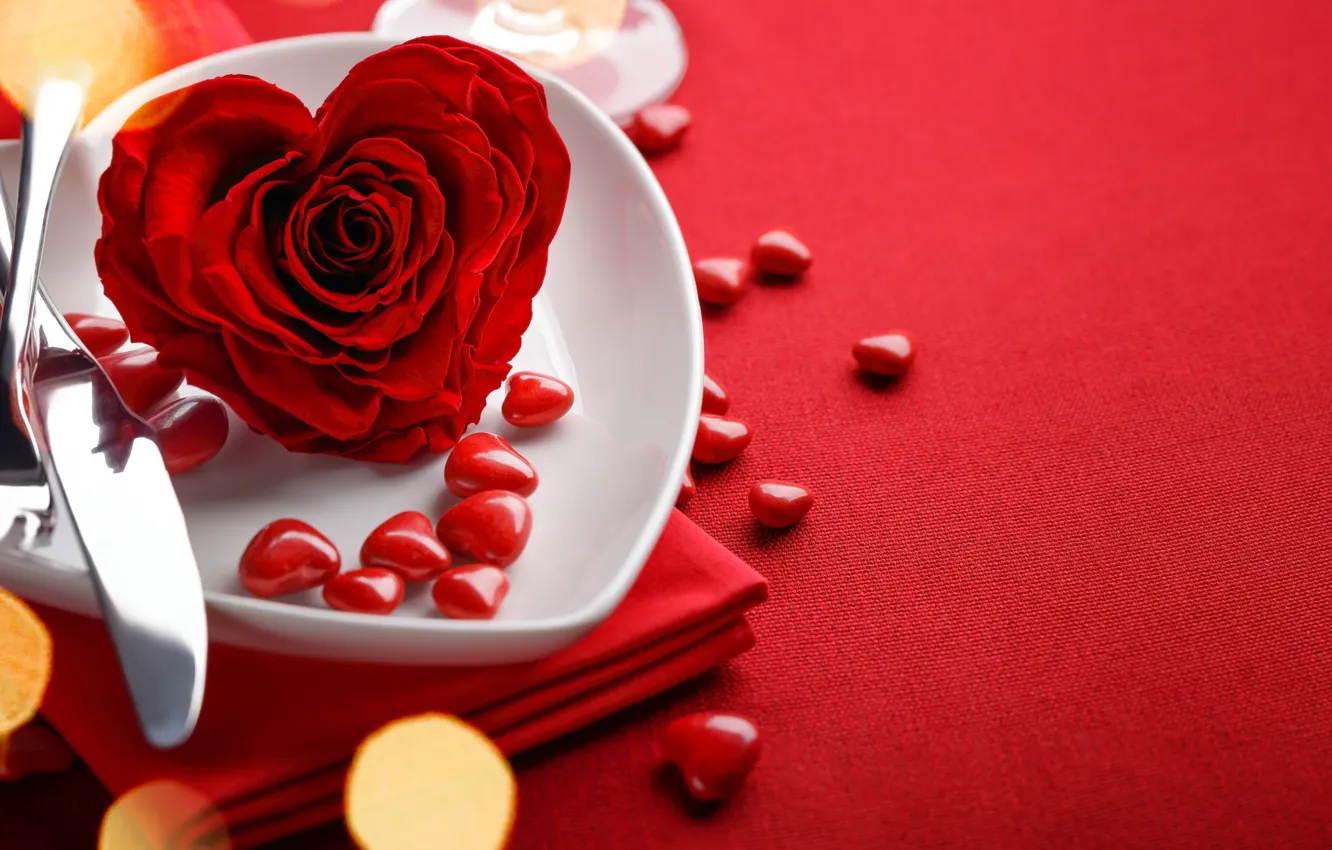 Photo wallpaper red, love, rose, background, romantic, hearts, bokeh, valentine's day