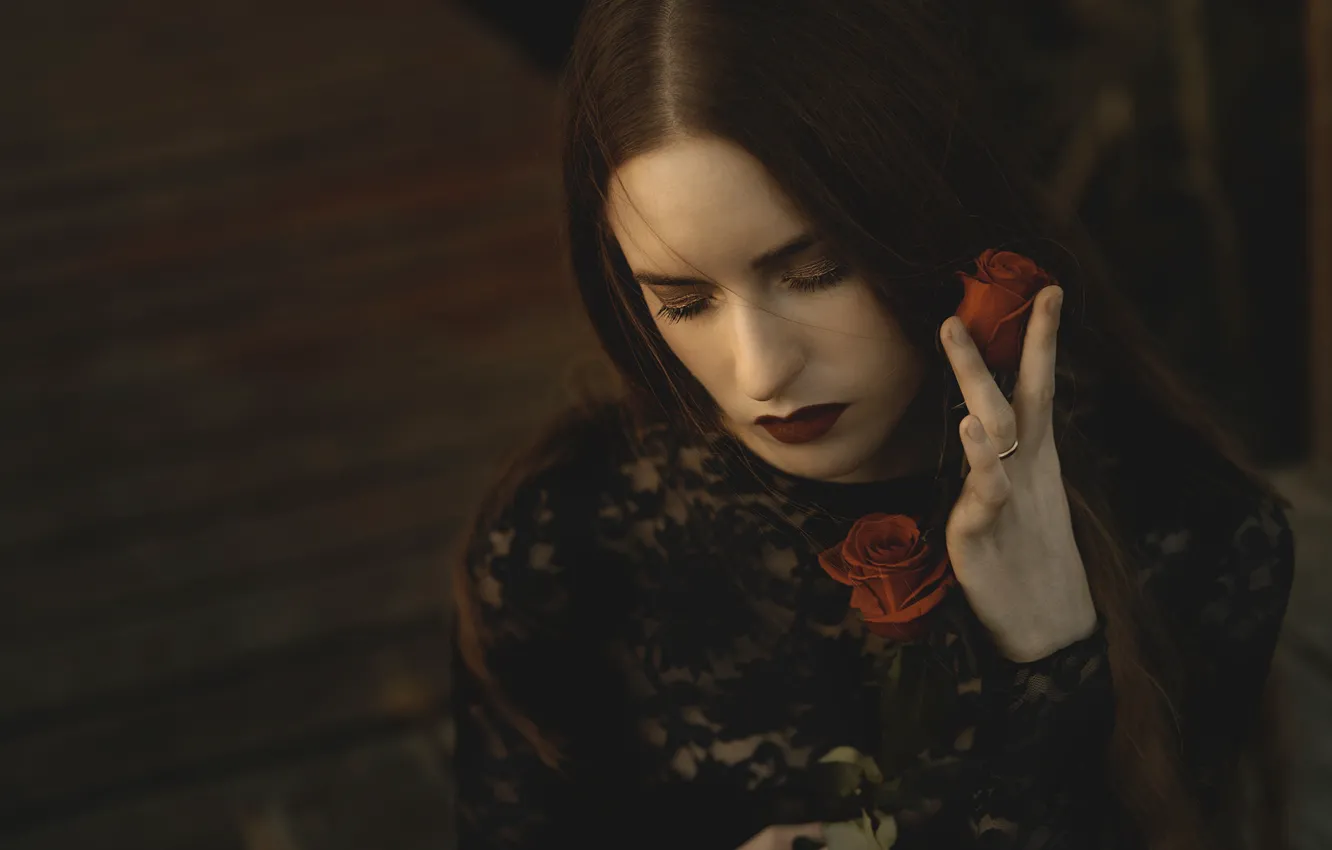 Photo wallpaper girl, flowers, red, the dark background, Gothic, portrait, roses, hands