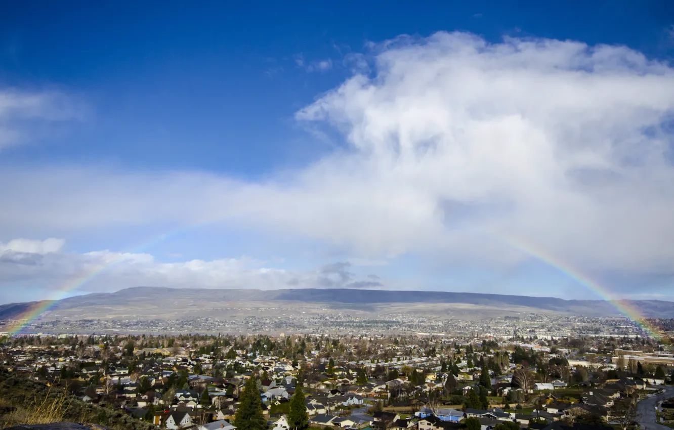 Photo wallpaper the sky, clouds, trees, hills, home, rainbow, valley, the village