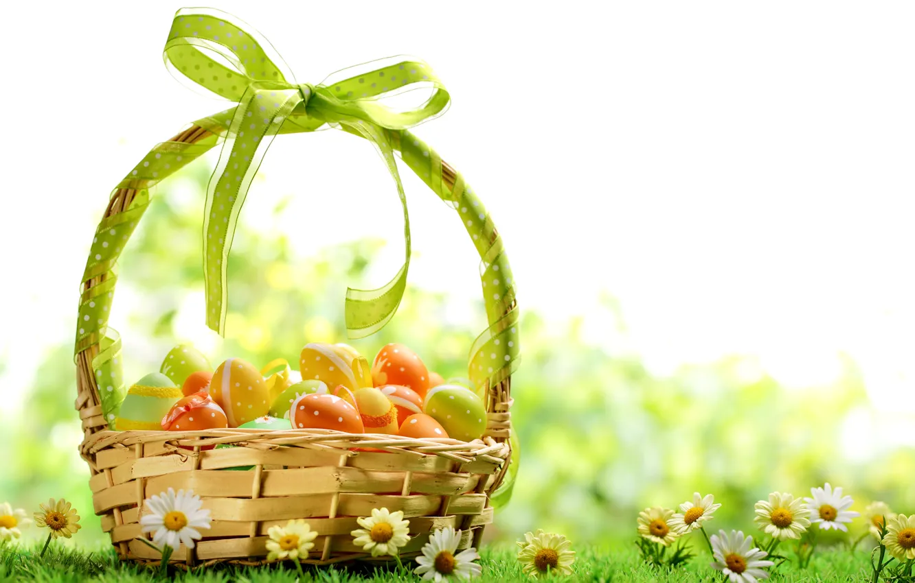 Photo wallpaper grass, flowers, basket, chamomile, eggs, spring, colorful, Easter