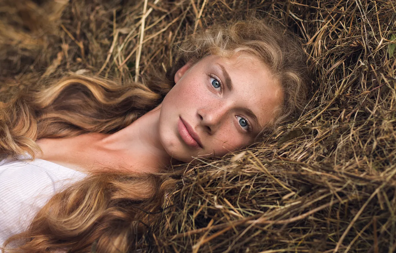 Photo wallpaper portrait, freckles, sponge, redhead, Garipova Elina, portrait girl summer nature hay view