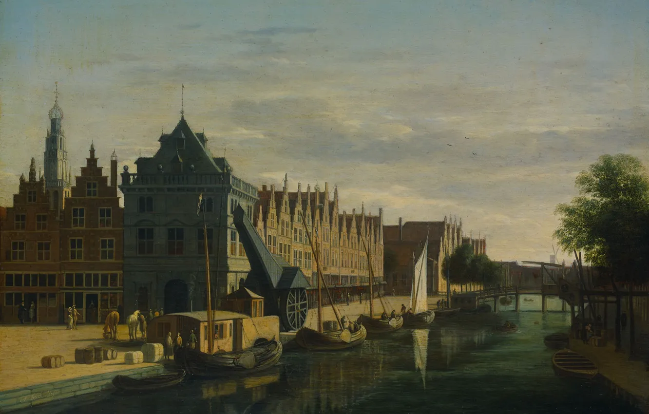 Photo wallpaper oil, picture, the urban landscape, Gerrit Adriaenszoon Berckheyde, Gerrit Adriaenszoon Berckheyde, The crane on the …