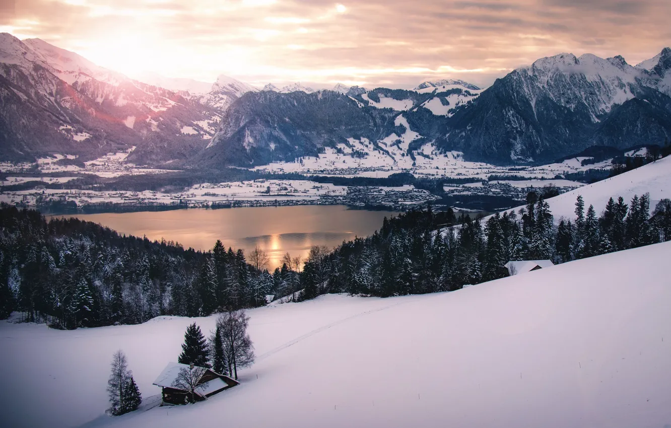 Photo wallpaper winter, mountains, lake, home