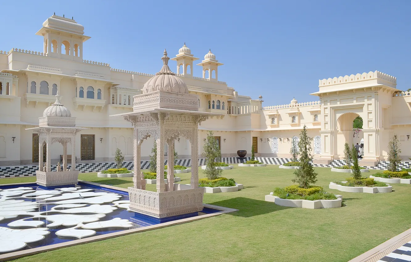 Photo wallpaper landscape, park, lake, hotel, luxury, lawn, India, Rajasthan