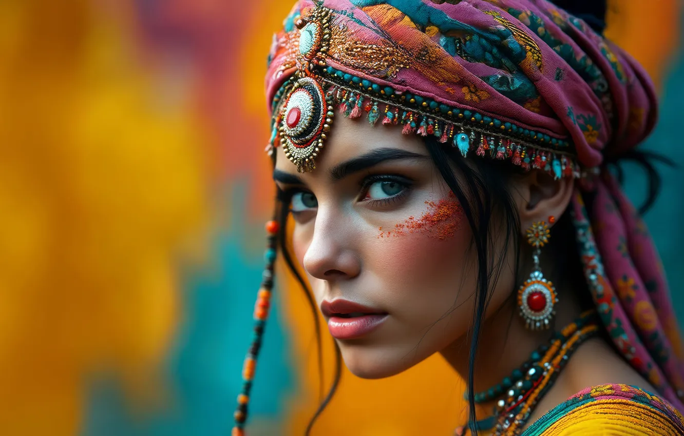 Photo wallpaper look, girl, face, portrait, headdress, AI art, neural network