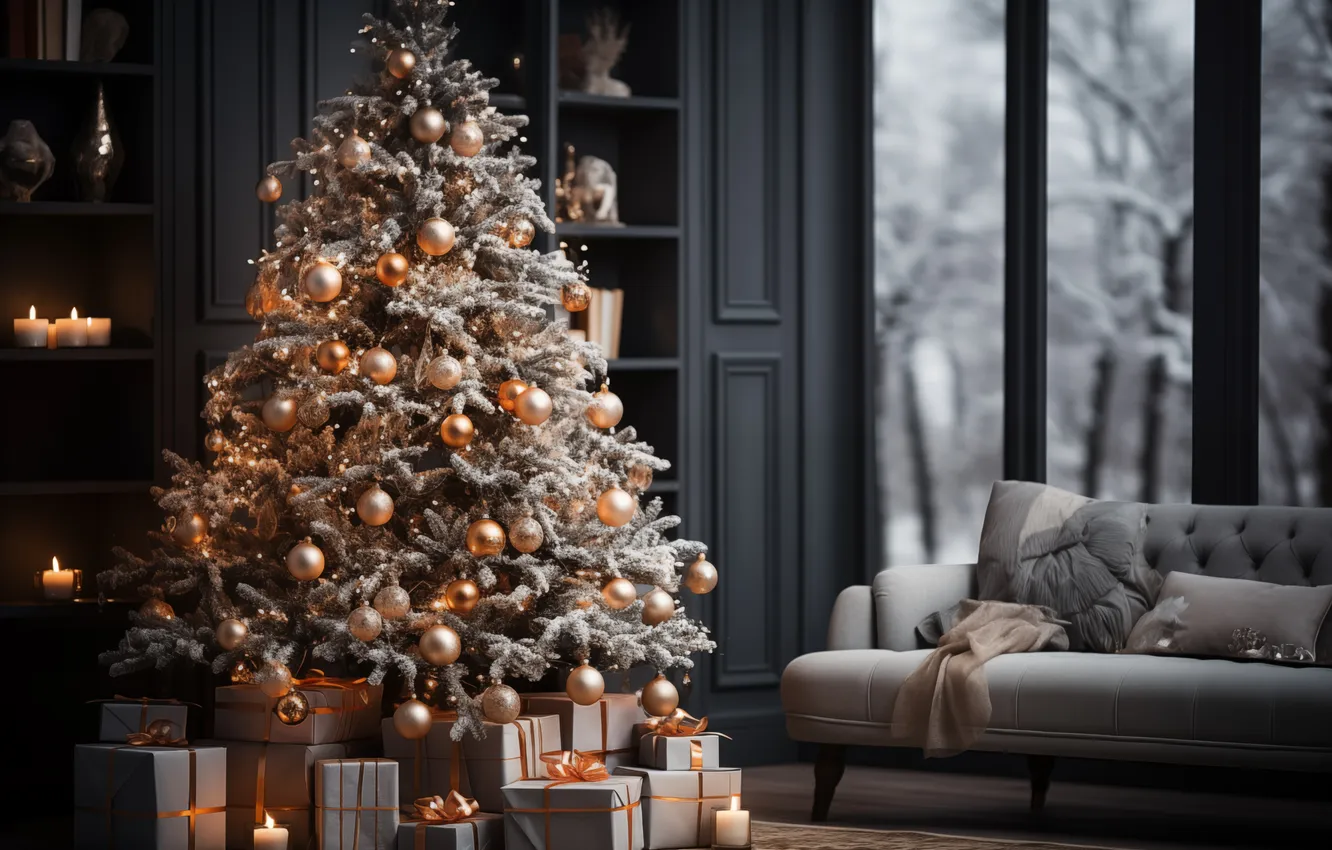 Photo wallpaper decoration, room, gift, tree, new year, interior, Christmas, Christmas