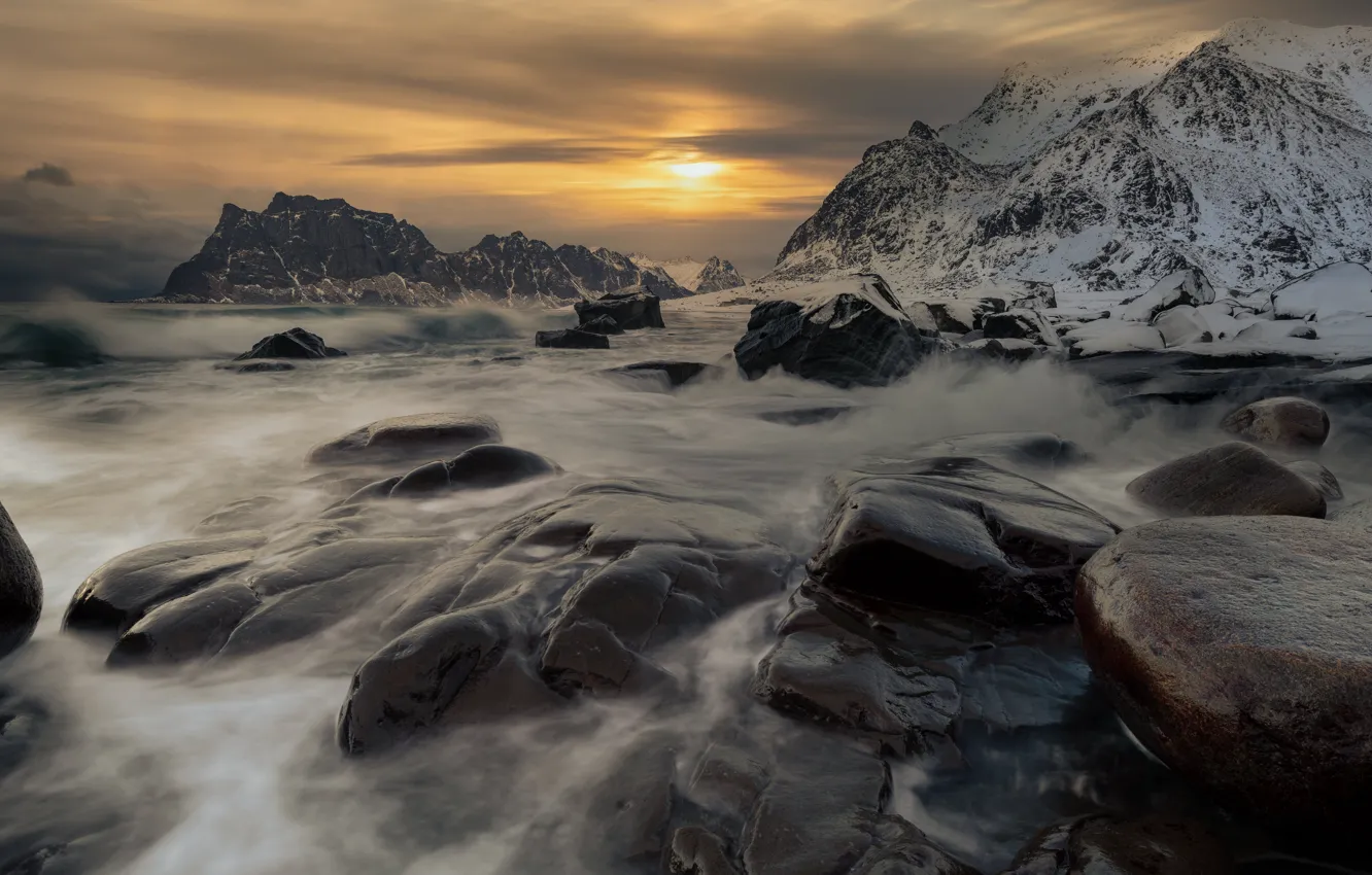 Photo wallpaper sea, sunset, mountains, stones, Norway, Norway, The Lofoten Islands, The Norwegian sea