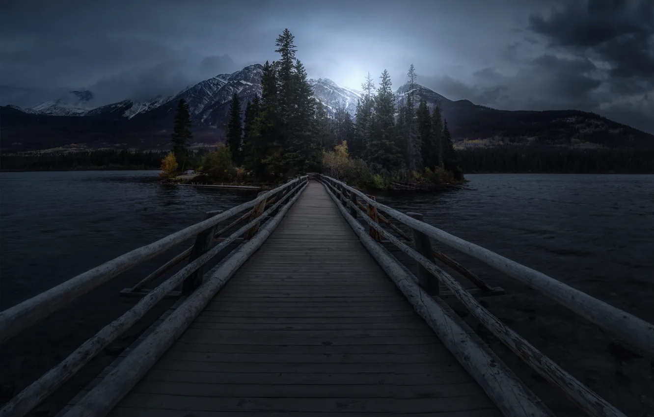 Photo wallpaper forest, the sky, clouds, light, snow, mountains, bridge, lake