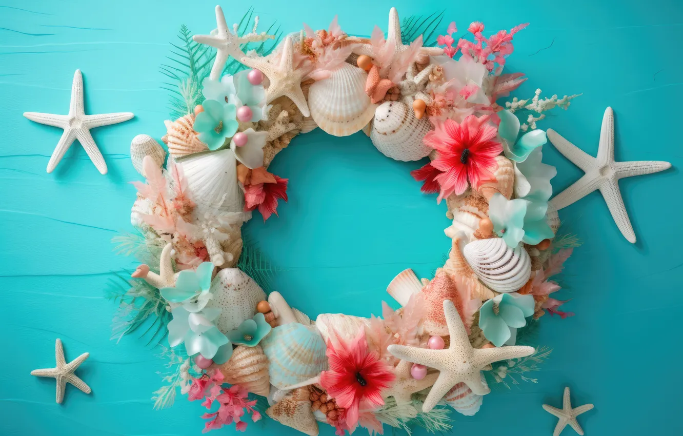 Photo wallpaper stars, flowers, background, shell, blue, flowers, background, marine