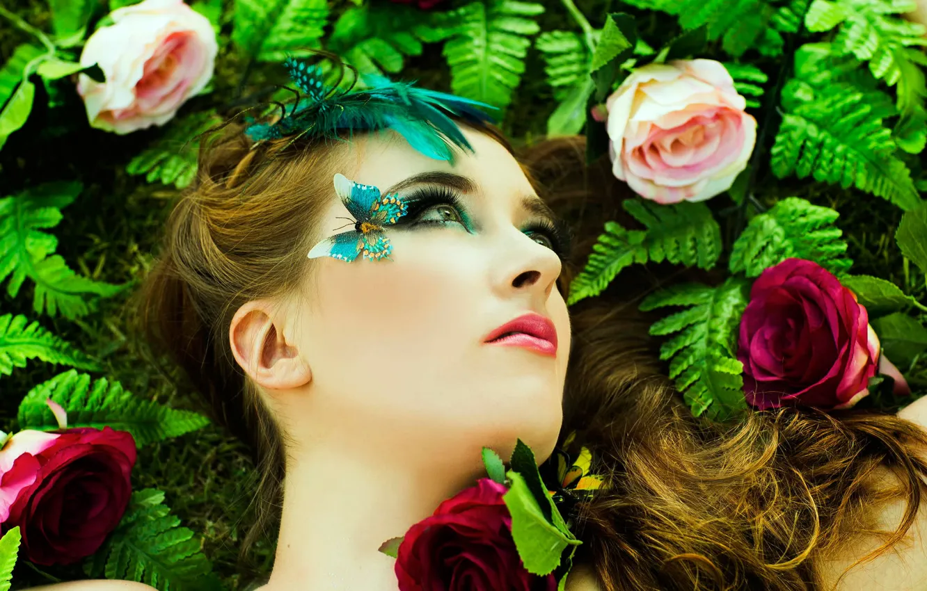 Photo wallpaper flowers, portrait, makeup, roses, style of a butterfly